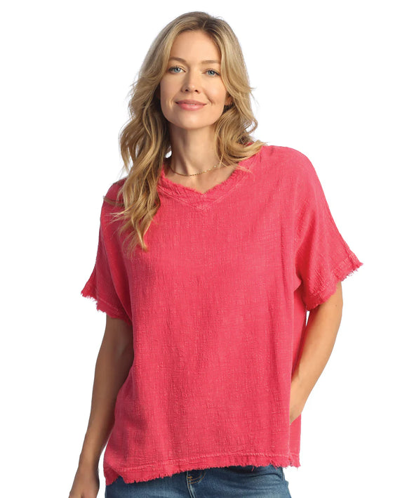 Mineral Washed Short-Sleeve Gauze Top With Fringe Accents